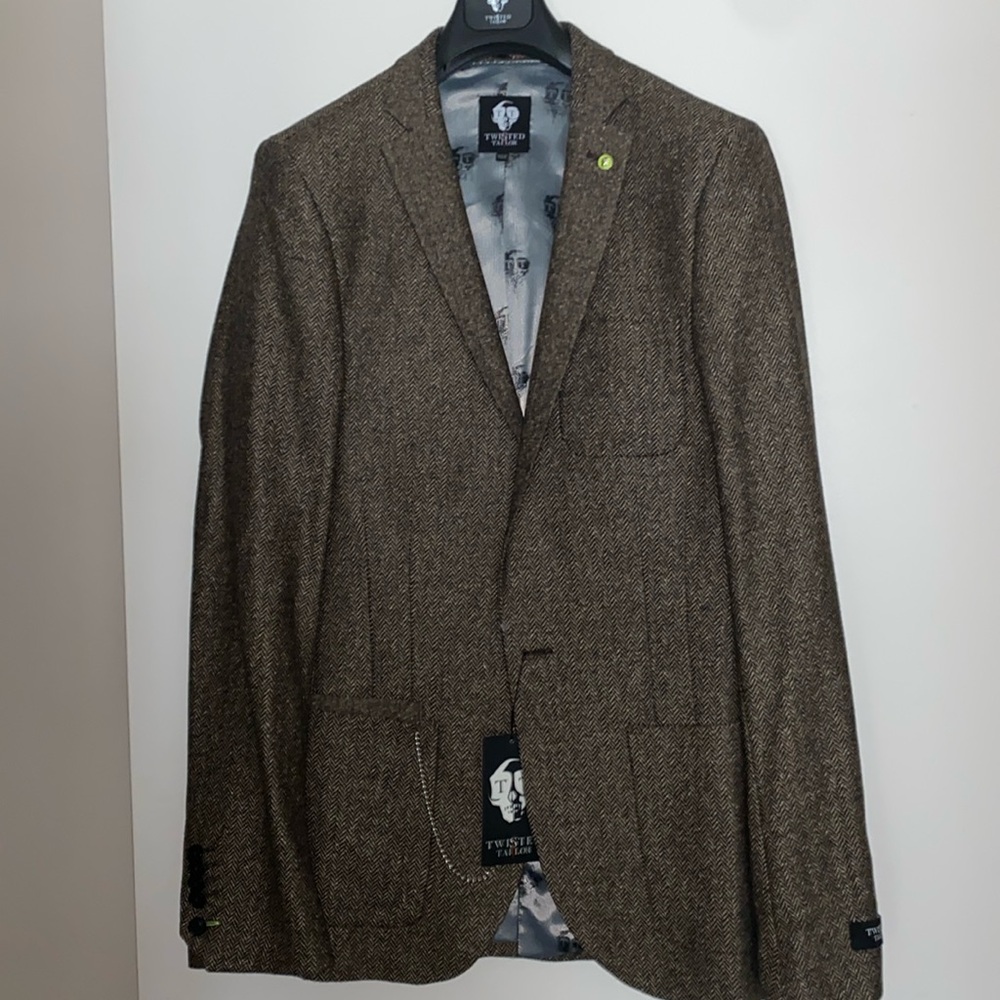 Twisted Tailor men’s herringbone suit jacket brown size 38L ASOS